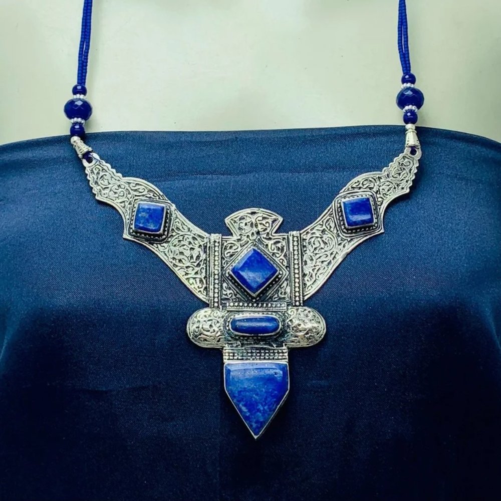 Lapis Lazuli Nepalese Pendant Necklace: Handcrafted Tribal Jewelry